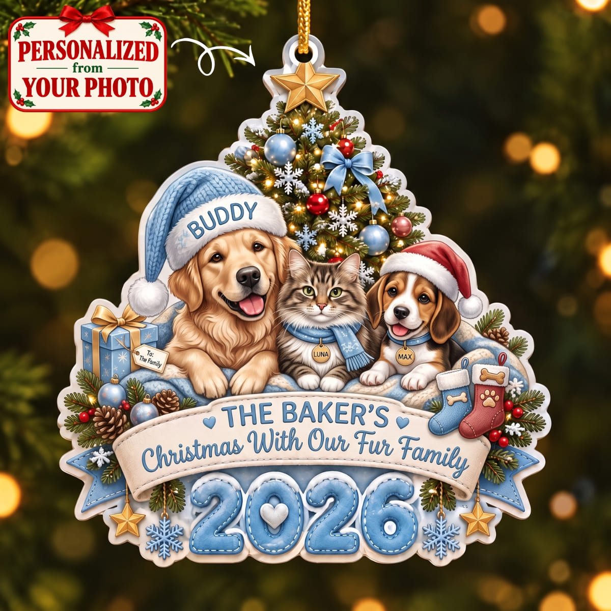 (Made In The USA) Personalized Pet Our Fur Family Blue Christmas Ornament - Custom Photo & Name | Christmas Gift | ONM04 Pets