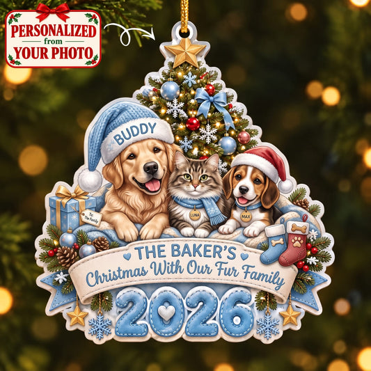 (Made In The USA) Personalized Pet Our Fur Family Blue Christmas Ornament - Custom Photo & Name | Christmas Gift | ONM04 Pets