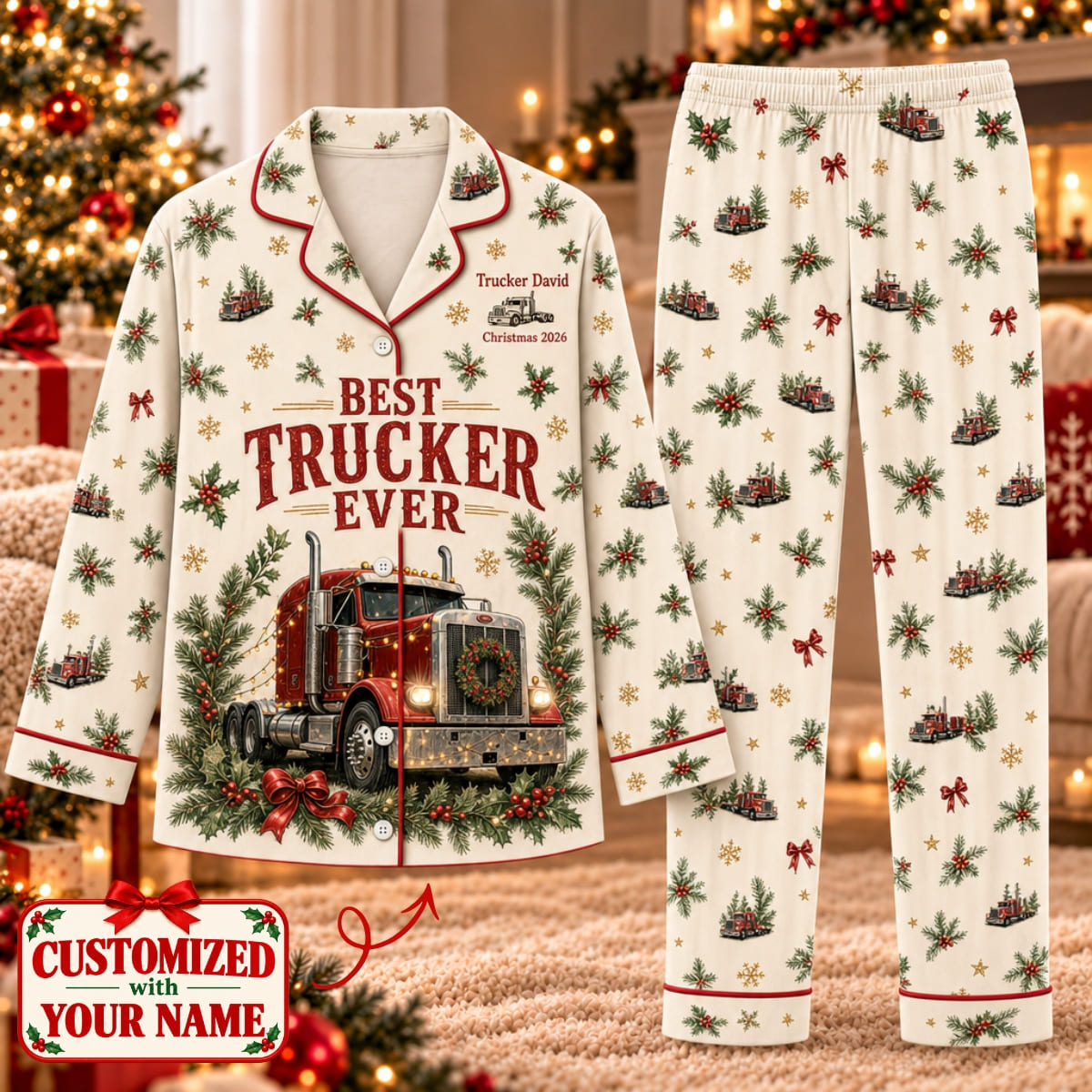 Personalized Best Trucker Ever Long Pajama Set - Custom Name | Christmas Gift | PYM01 Occupations