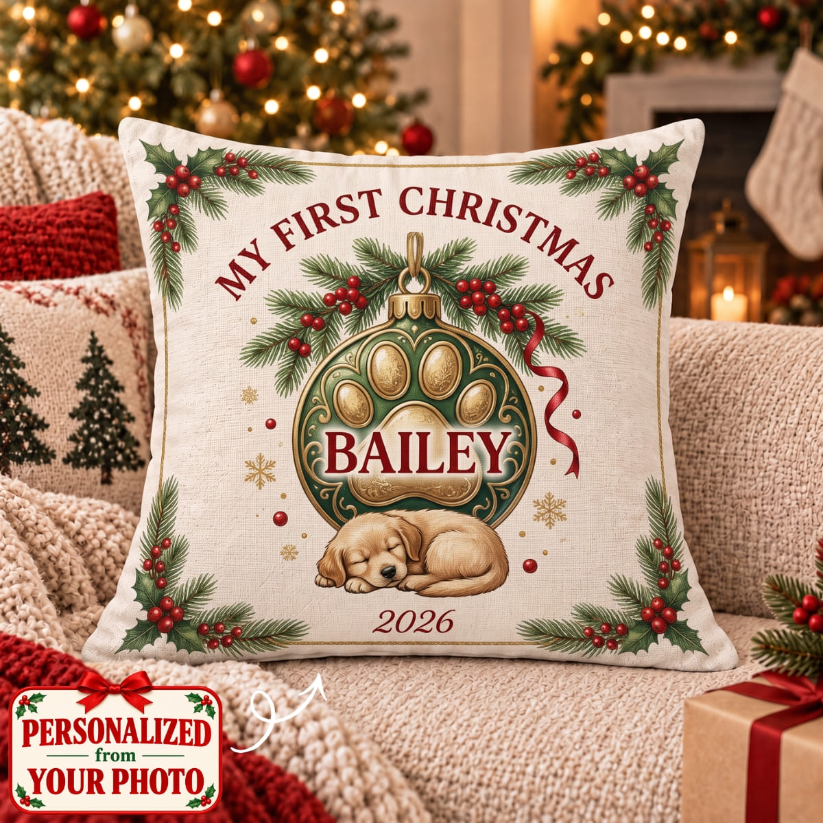 Personalized Pet My First Christmas Pillow - Custom Photo & Name | Christmas Gift | HPL01 Pets