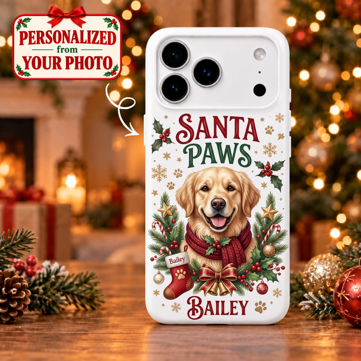 Personalized Dog Santa Paws Christmas iPhone Case - Custom Photo & Name | Christmas Gift | PHC01 Pets