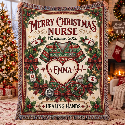 Personalized Merry Christmas Nurse Woven Blanket - Custom Name | Christmas Gift | WBL01 Occupations