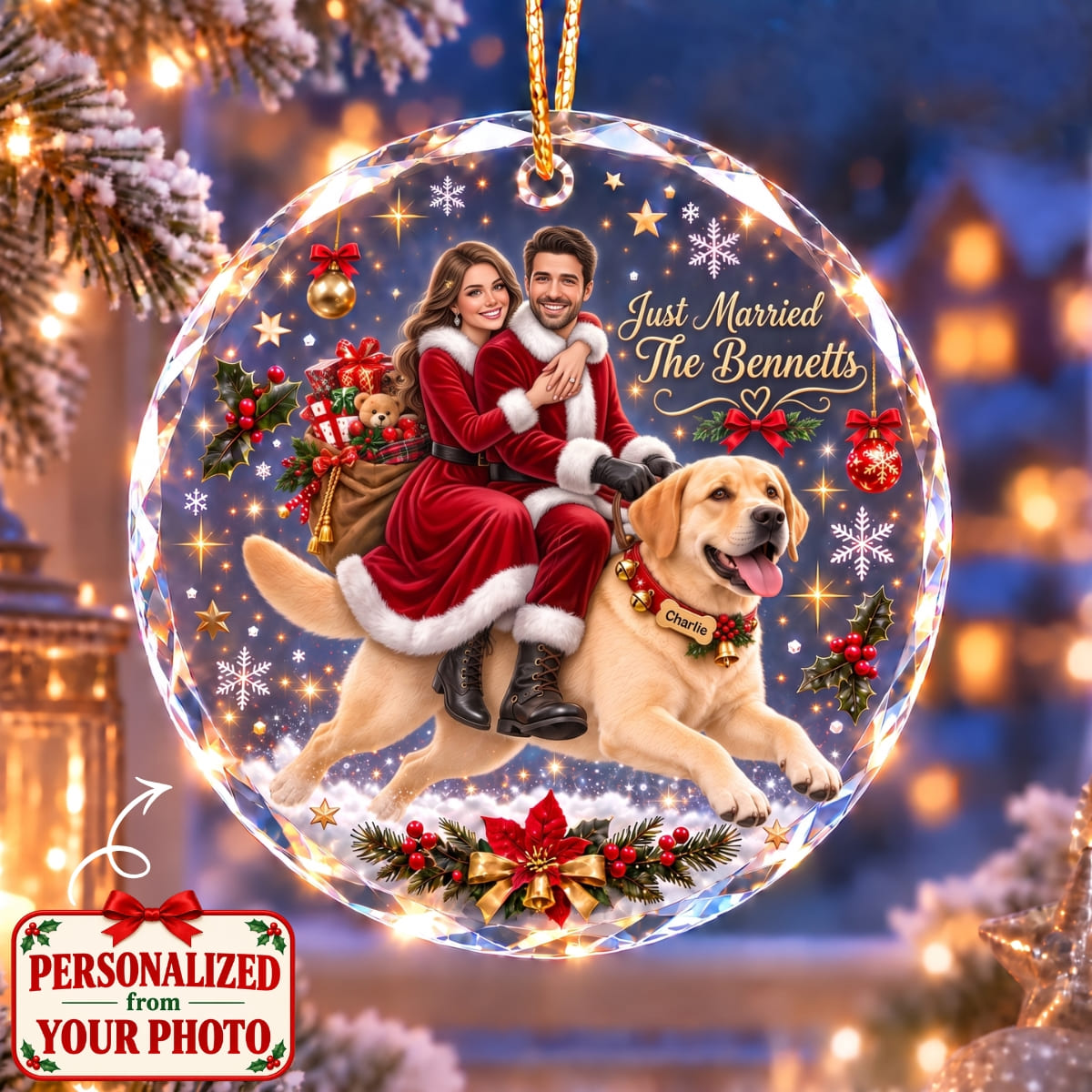 (Made In The USA) Personalized Couple Just Married & Pet Christmas Round Glass Ornament - Custom Photo, Name & Pet | Christmas Gift | ONM01 Couples